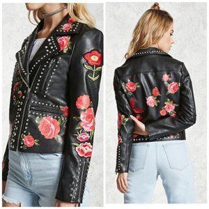 Faux Leather Roses Embroidered Print Studded Black Red Moto Jacket S
